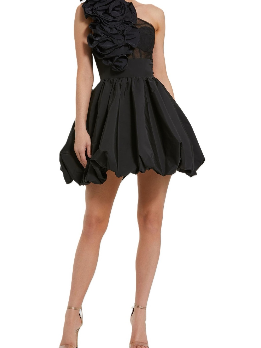 Mac Duggal Black One-Shoulder Rosette Bubble-Hem Dress